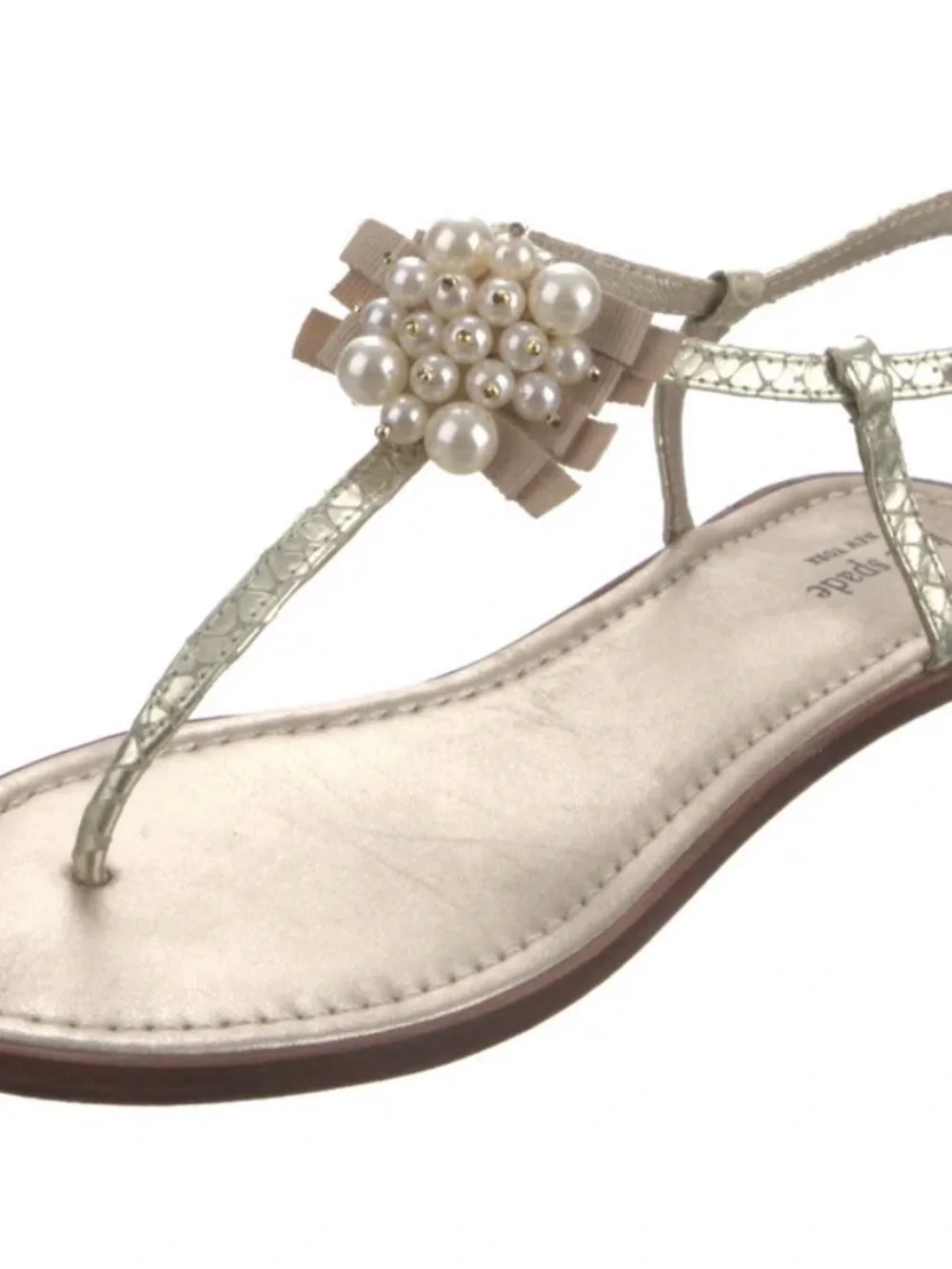 Kate Spade NY Pearl-Cluster Metallic Gold T-Strap Sandals 8.5